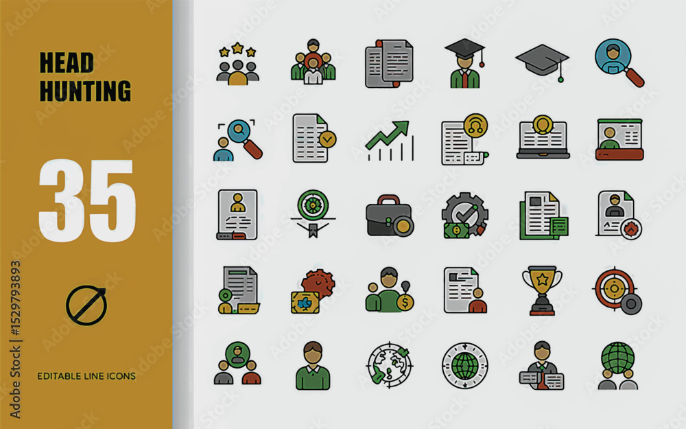Poster head hunting line editable icons set. vector illustration in thin line modern style of human resourc