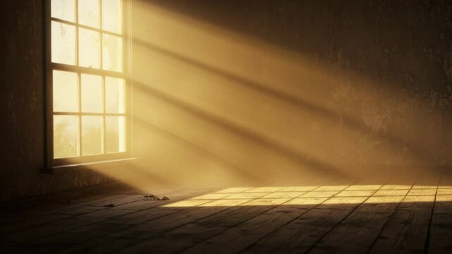 Sunlight streaming through a window onto a dusty wooden floor  