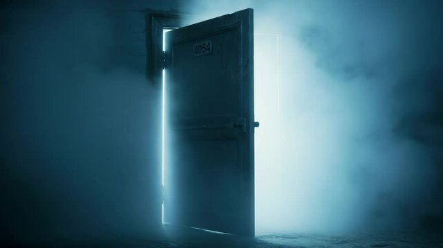 Mysterious door slowly opening through thick fog in dim light  