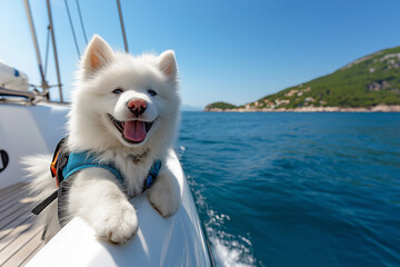 Girl with blonde hair in blue T-shirt hugging dog Samoyed on the beach