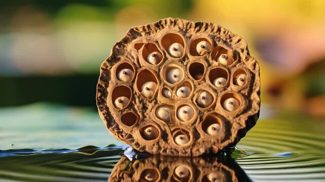 Detailed close-up of a dry lotus seed pod with open holes and seeds floating on rippled water, reflecting natural green light.