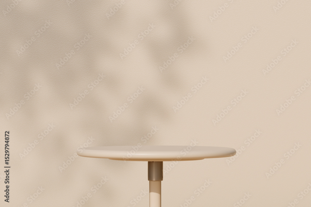 Poster minimalist round table against a textured beige wall with soft shadows. 3d rendering