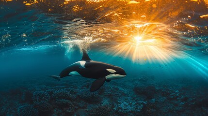This stunning underwater photograph captures an orca gliding gracefully amidst vibrant coral reefs, illuminated by warm sunset rays filtering through the water's surface.