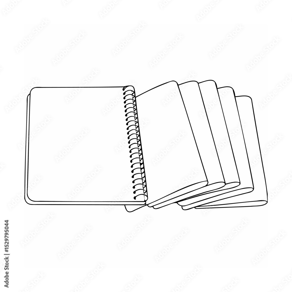 Poster black and white illustration of a spiral bound notebook with open and leaning pages