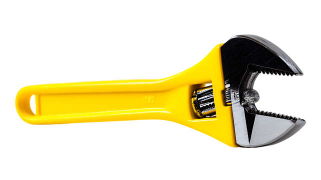 Close up view of a bright yellow adjustable wrench on a black background.