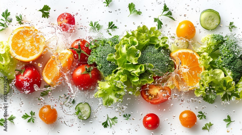 Poster a colorful array of fresh vegetables and fruits splashing in water creates a vibrant and refreshing 