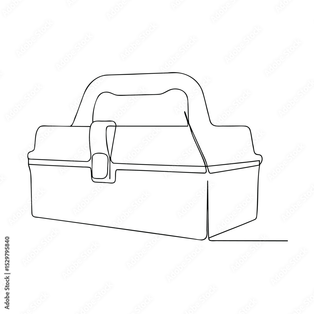 Poster minimalist line drawing of a closed toolbox with a handle and latch on white background
