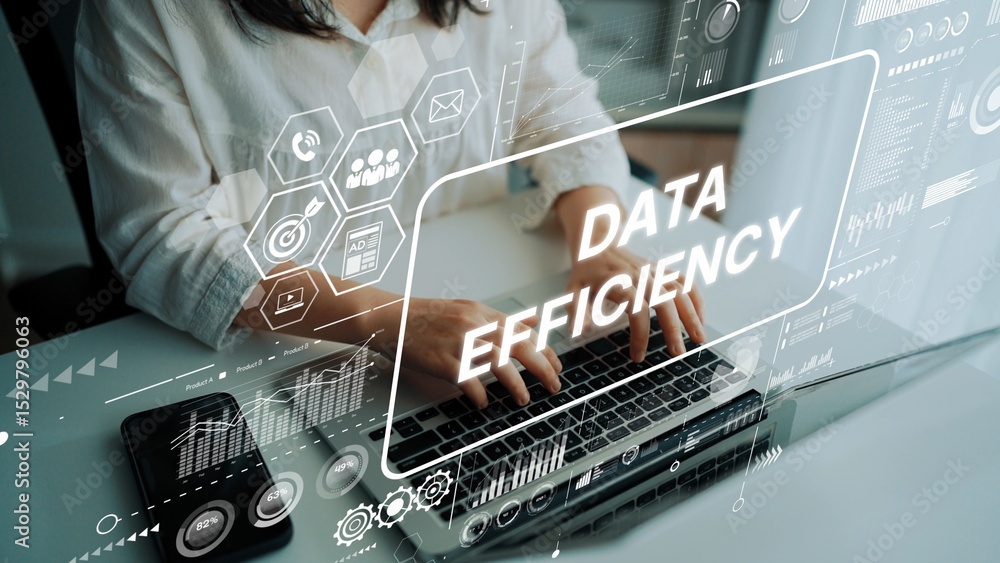 Poster professional woman using laptop with digital data efficiency graphics in modern office setting showc
