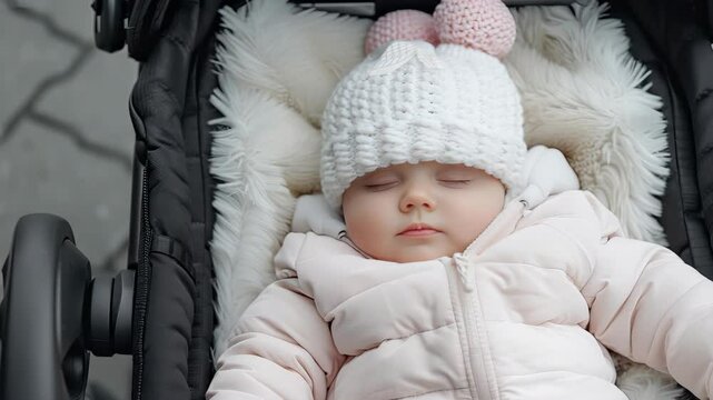 Sweet baby snoozes comfortably in a stroller, bundled up in a warm coat and knitted hat on a cool afternoon