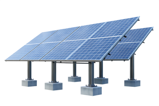Ground mounted solar panel system isolated on a white background png ai generated