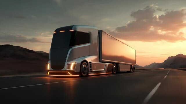 Futuristic Tarak autonomous cargo truck drives along the highway at sunset, showcasing advanced technology in a glowing orange sky.

