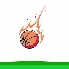 Cartoon basketball ball on fire with green ground below it