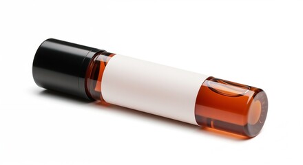 Glass perfume bottle with blank label on a white background  