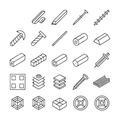 Construction and Industrial Metal Elements – Linear Icon Collection of Reinforcement Bars, Zinc Sheets, Structural Steel Parts and Fasteners