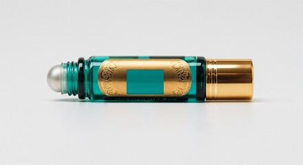 Glass roll-on perfume bottle with gold cap and turquoise design  