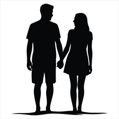 a man and woman standing beach side by side, holding hands, facing slightly toward each other
