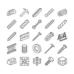 Steel and Metal Products Line Icons – Editable Stroke Vector Set of Pipes, I-Beams, Channels, Rebar, Bolts, Nuts, Screws, and Mesh Components
