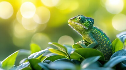 Green chameleon on lush foliage, sunlit