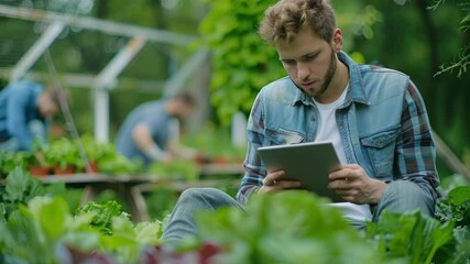 A young man uses a tablet to check information while surrounded by vibrant plants and fellow gardeners enjoying their tasks