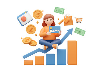 Cartoon Girl Holding Credit Card Growth Chart isolated on a transparent background