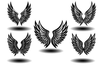 Black Feather Angel Wings Vector Set with Distressed Texture. Perfect for gothic tattoos, fantasy artwork, spiritual branding, and memorial logos. Clean symmetrical vector illustrations.

