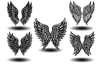 Distressed Gothic Angel Wings Vector Set in Black Feather Style. Suitable for tattoo art, fantasy branding, spiritual logos, and memorial artwork. Clean symmetrical vector designs.


