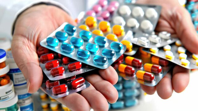 Hands display an assortment of colorful medications among various pill packaging, illustrating the diversity of pharmaceutical products