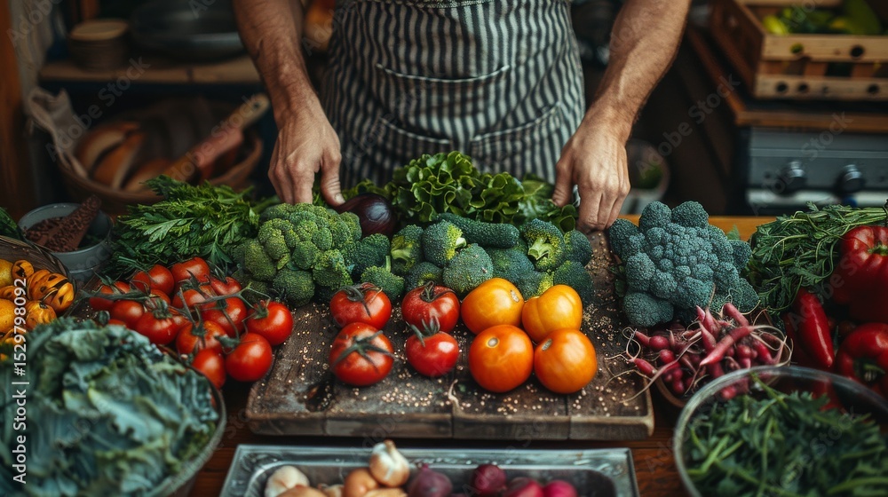 Aufkleber an array of colorful fresh vegetables is artfully arranged on a rustic wooden table, inviting viewer