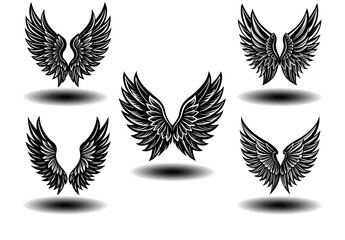 Distressed Angel Wings Vector Collection in Black. Feather wing silhouettes ideal for gothic tattoos, fantasy themes, spiritual logos, and memorial artwork. Clean vector illustrations.

