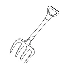 Outline drawing of a gardening tool hand rake isolated on a white background
