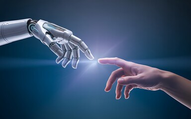 A robot hand and a human hand reaching out to each other on a dark blue gradient background space