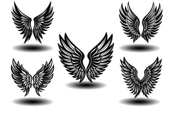 Distressed Angel Wings Vector Collection in Black Feather Style. Suitable for tattoo design, gothic art, fantasy branding, spiritual logos, and memorial artwork. Clean vector format.

