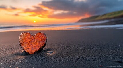 Fototapeta premium Heart-shaped rock on a beach at sunset