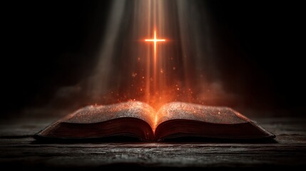 Light emanates from an open book with a cross symbolizing faith and inspiration in a dark setting