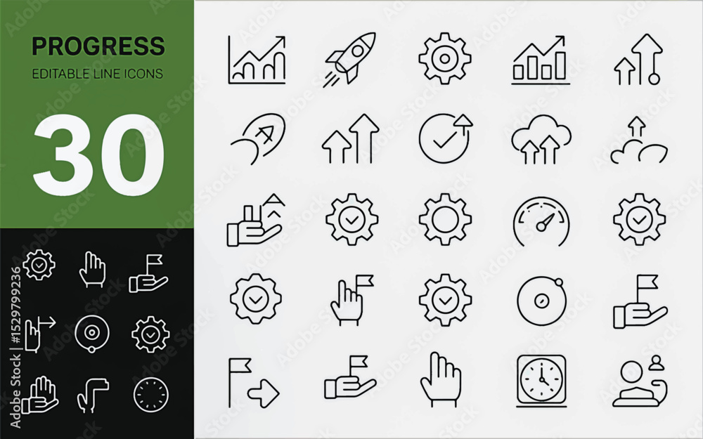 Poster 30 editable progress line icons efficiency, growth, and development vector set