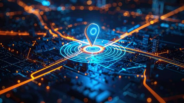 A futuristic digital navigation interface with glowing location marker and blue lines representing GPS technology and smart map data tracking systems