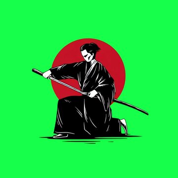 Samurai kneeling with katana animation, transparent 4K video, green screen