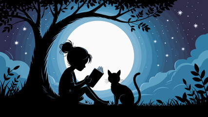Serene moonlit scene featuring a girl reading a book under a tree with her cat a peaceful nighttime landscape design perfect for children's book covers or prints