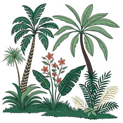 Lush tropical paradise palm trees flowers plants illustration
