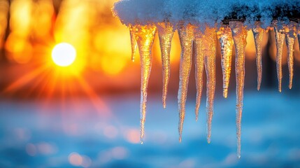 Fototapeta premium Icicles at sunset in winter wonderland