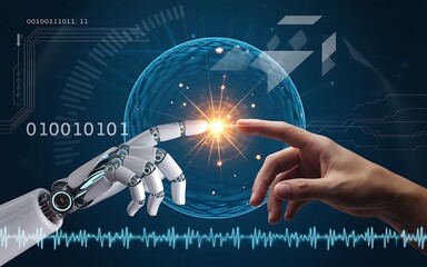 Human and robot hands touching with binary code and digital interface on a dark blue background
