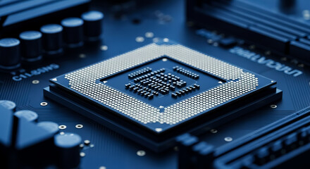 Close-up of a Modern CPU Processor on a Motherboard transistors and capacitors in the background blue theme