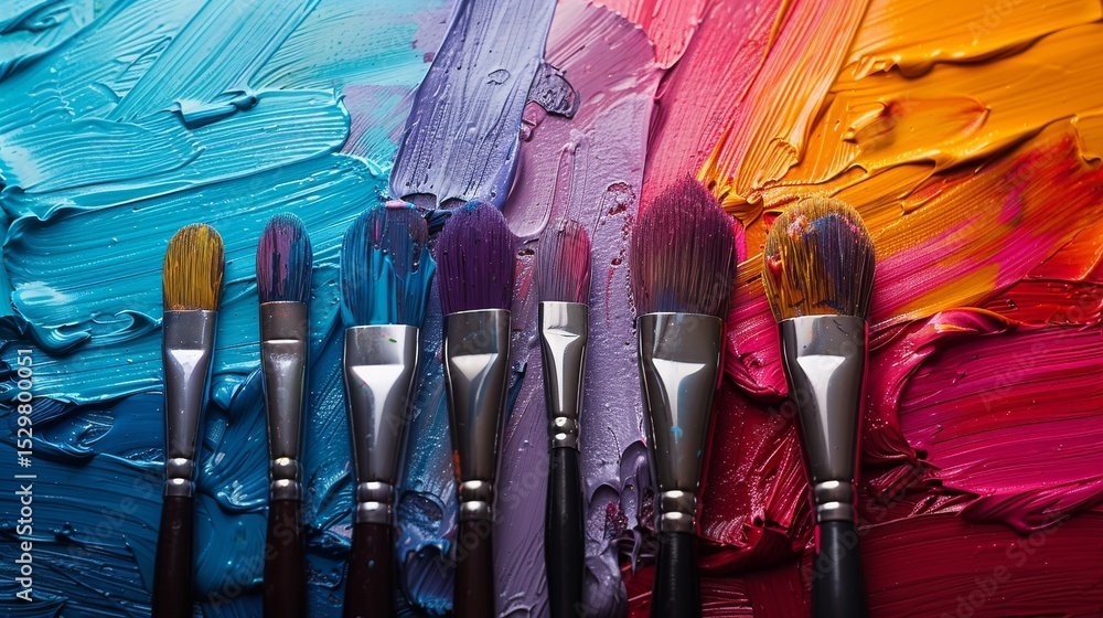 Aufkleber an array of vibrant paintbrushes rests against a richly colorful background, symbolizing creativity 