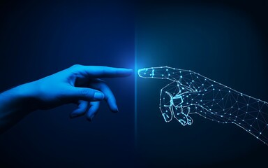 Human hand and digital hand reaching out to touch each other in a dark blue illuminated space