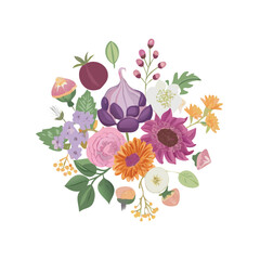 Vibrant floral bouquet with garlic illustration, isolated on white background