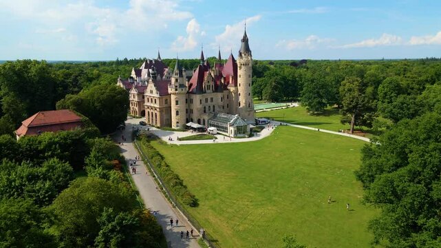 Moszna Castle fly over landscape view from above architecture near the village Moszna Poland