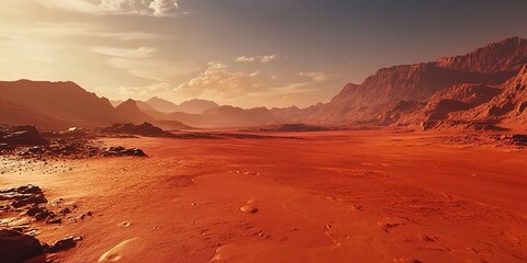 Naklejka premium Cinematic Red Desert Landscape on Mars in Realistic Science Fiction Style