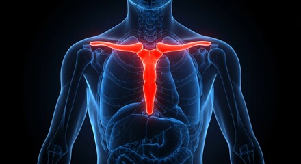 Sternum and Clavicle Anatomy, Human Chest Bones Highlighted, Medical Illustration