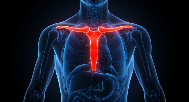 Sternum and Clavicle Anatomy, Human Chest Bones Highlighted, Medical Illustration