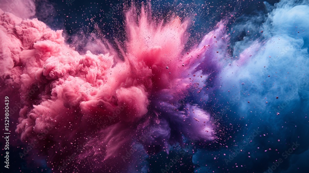 Poster an artistic representation of a vivid color explosion with swirling smoke, blending soft pinks and b